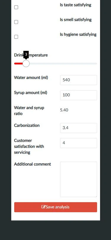 QSE POM measurement form with a temperature slider and the calculated syrup-to-water ratio