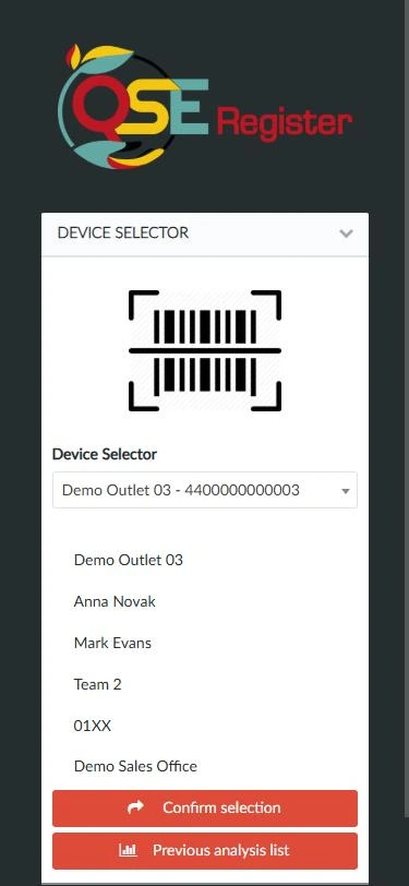 QSE POM outlet selector with a barcode scan icon and the selected outlet