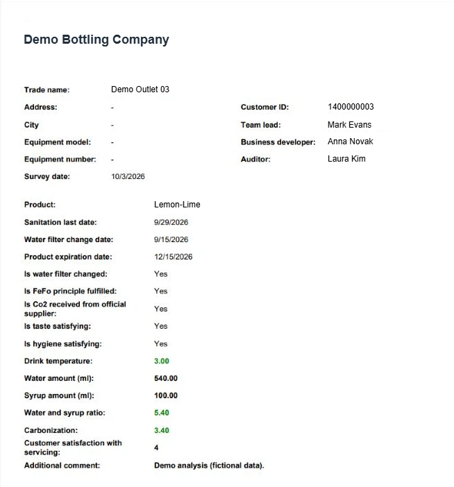QSE POM one-page PDF report with the outlet details, the checklist and the measurements, with values within the accepted range in green