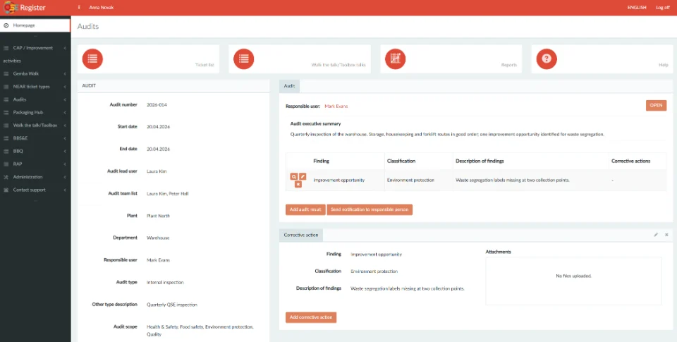 Audit record with the audit summary, a finding and its corrective action