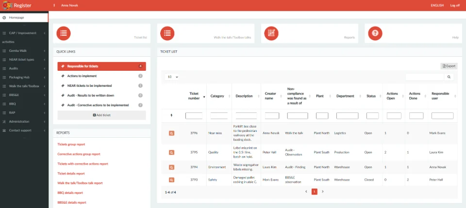 QSE Register home screen with the ticket list, quick links and reports